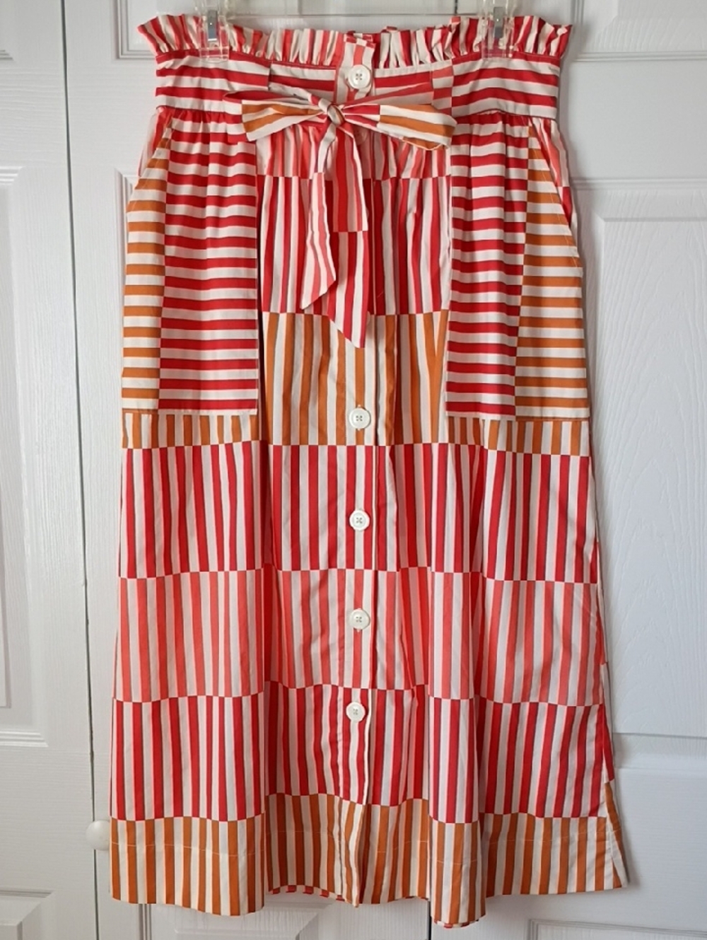 Who What Wear Coastal Red, Orange & White Striped Tie-Waist Midi Skirt Medium